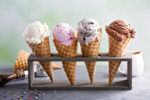 scoops of ice cream in ice cream cones