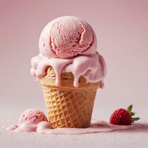 a scoop of strawberry ice cream in a waffle cone